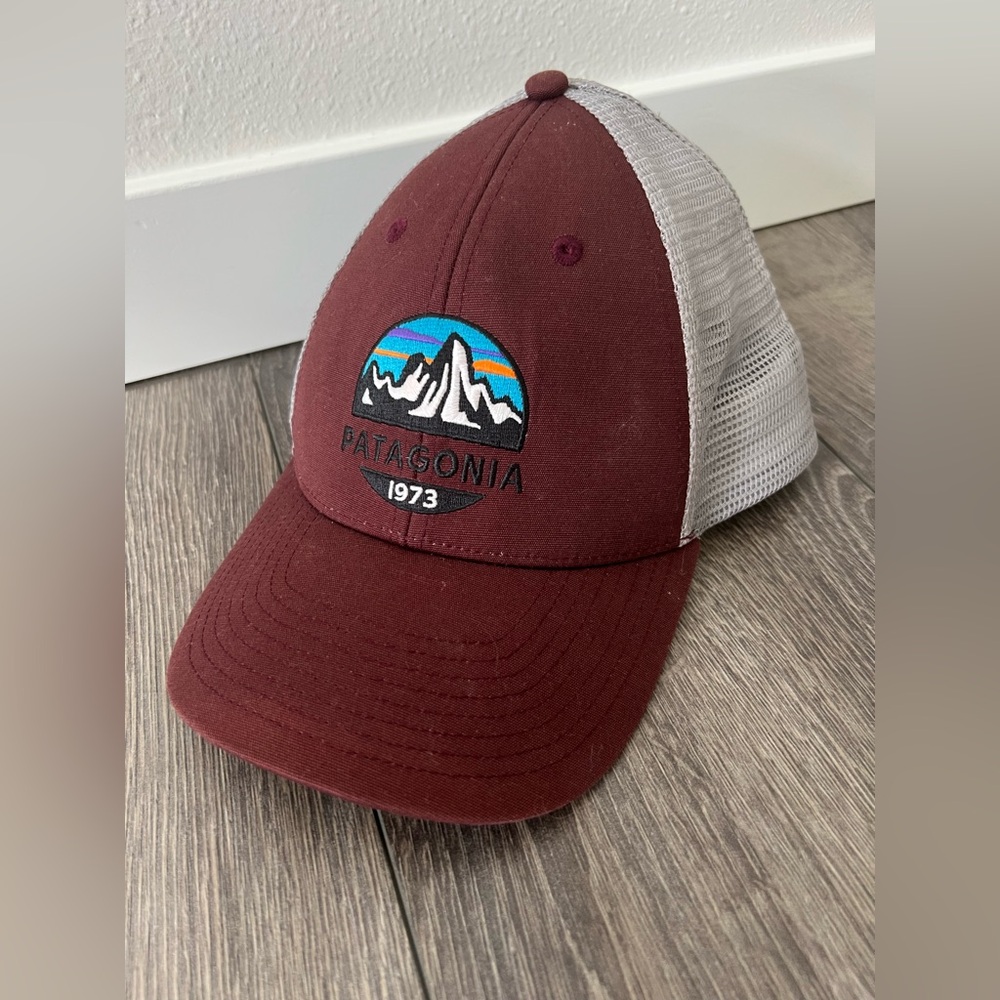 Patagonia Fitz Roy 1973 Trucker Hat Burgundy and Grey Mesh Cap